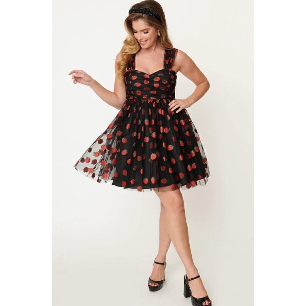 Unique Vintage Black Glitter Strawberry Print Babydoll Dress